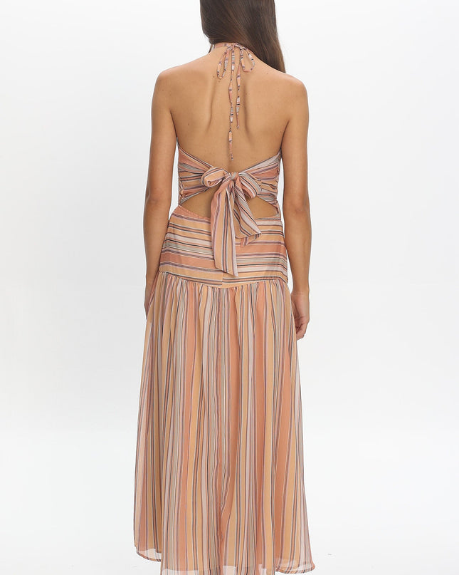 Indigo Morning Tied Back Maxi Dress Stripe Sunset