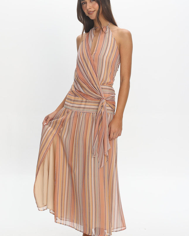 Indigo Morning Tied Back Maxi Dress Stripe Sunset