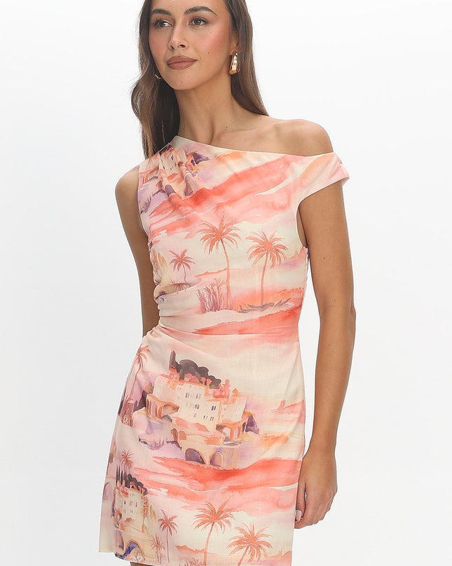 Blush Asymmetric Watercolour Print Mini Dress