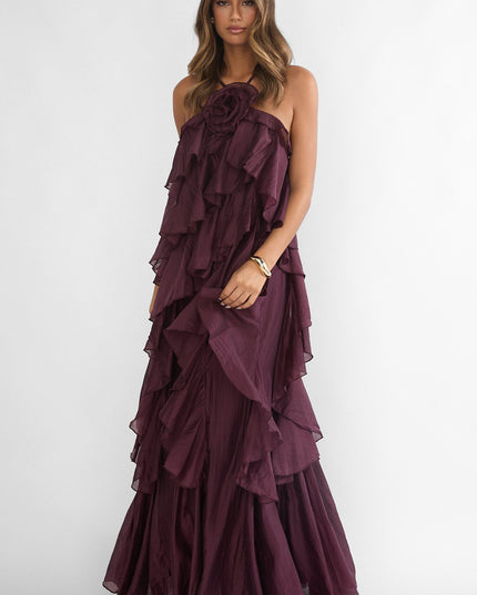 Maroon Layered Ruffle Maxi Dress