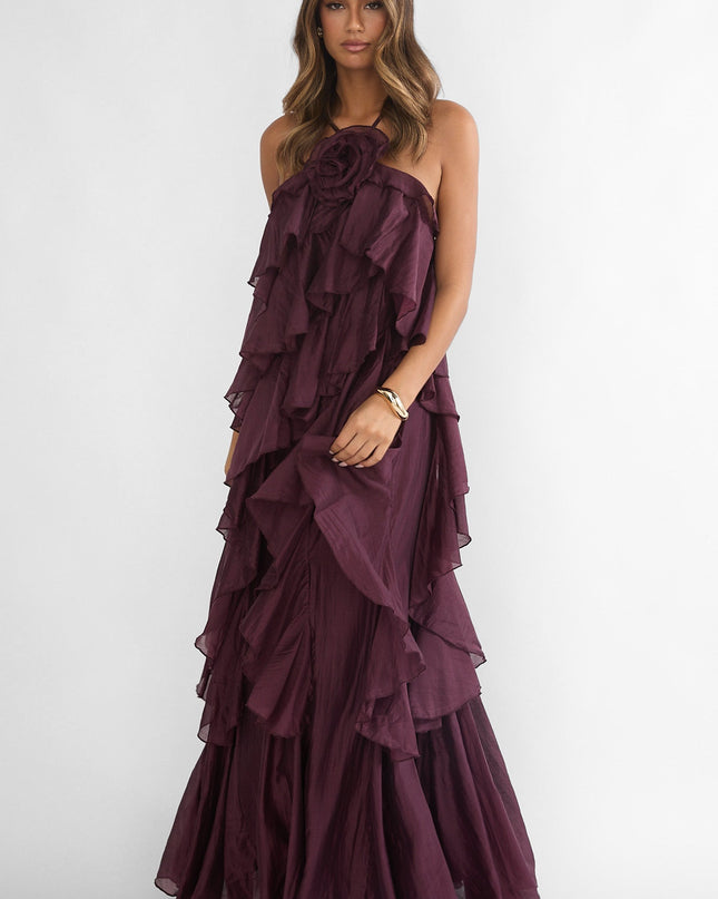 Maroon Layered Ruffle Maxi Dress