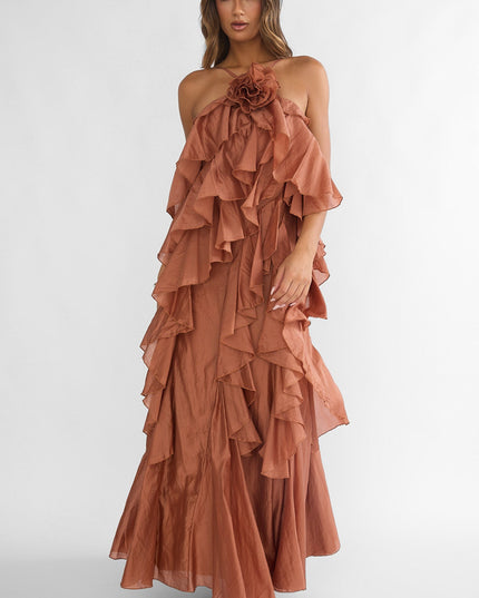 Rust Layered Ruffle Maxi Dress
