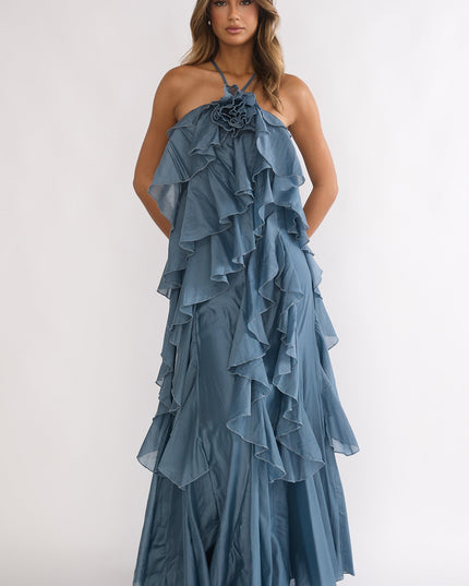 Blue Ruffle Trim Spaghetti Strap Maxi Dress Slate