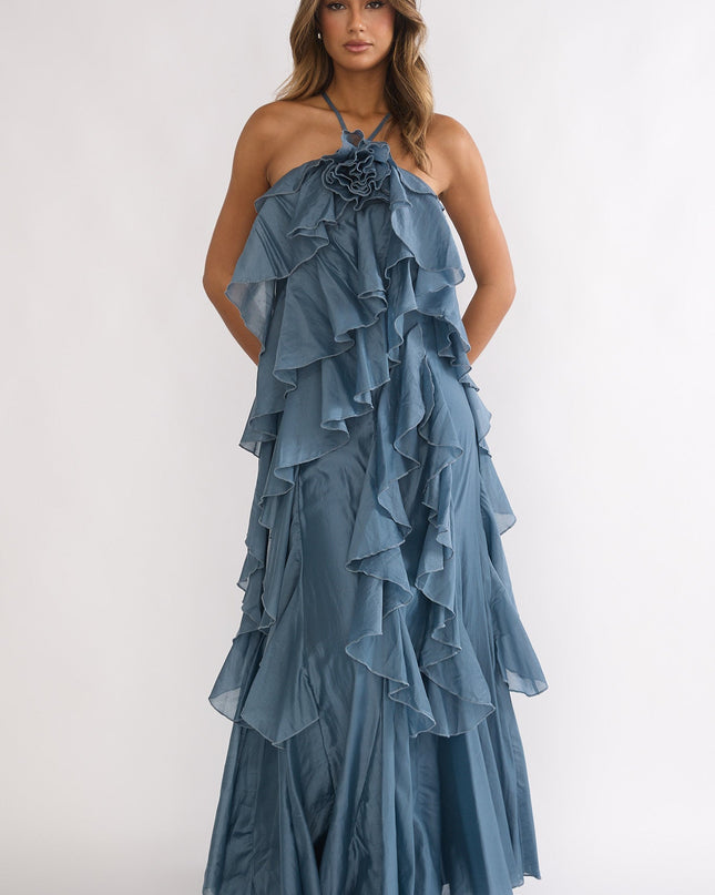 Blue Ruffle Trim Spaghetti Strap Maxi Dress Slate