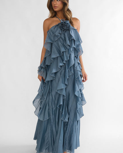 Blue Ruffle Trim Spaghetti Strap Maxi Dress Slate