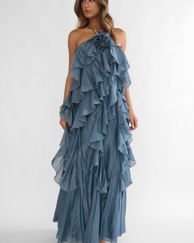 Blue Ruffle Trim Spaghetti Strap Maxi Dress Slate