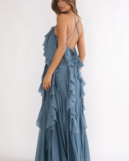 Blue Ruffle Trim Spaghetti Strap Maxi Dress Slate