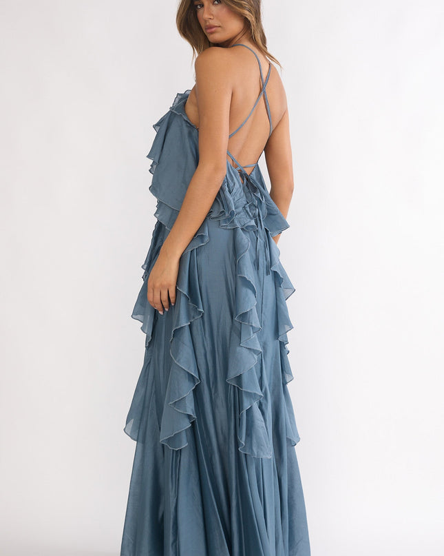 Blue Ruffle Trim Spaghetti Strap Maxi Dress Slate