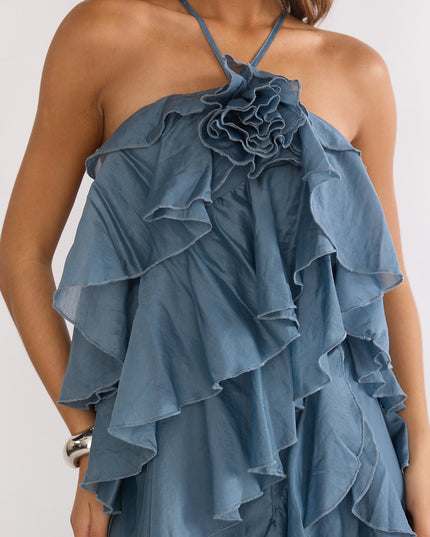 Blue Ruffle Trim Spaghetti Strap Maxi Dress Slate