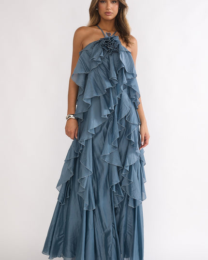 Blue Ruffle Trim Spaghetti Strap Maxi Dress Slate