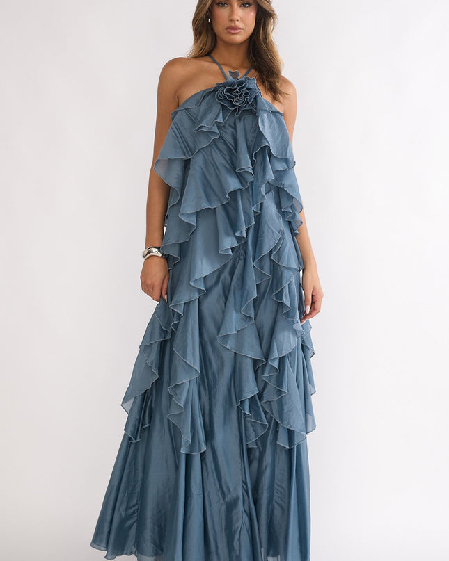 Blue Ruffle Trim Spaghetti Strap Maxi Dress Slate