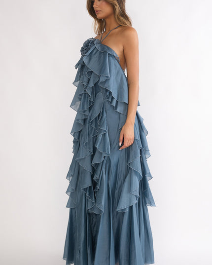 Blue Ruffle Trim Spaghetti Strap Maxi Dress Slate