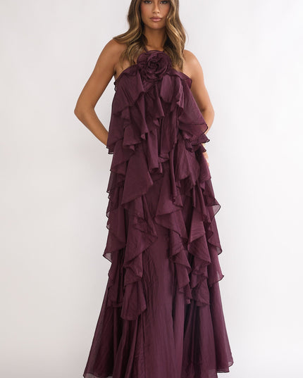 Maroon Layered Ruffle Maxi Dress