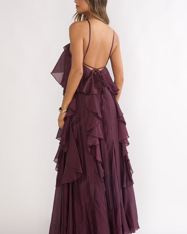 Maroon Layered Ruffle Maxi Dress