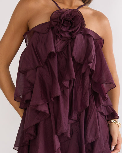 Maroon Layered Ruffle Maxi Dress