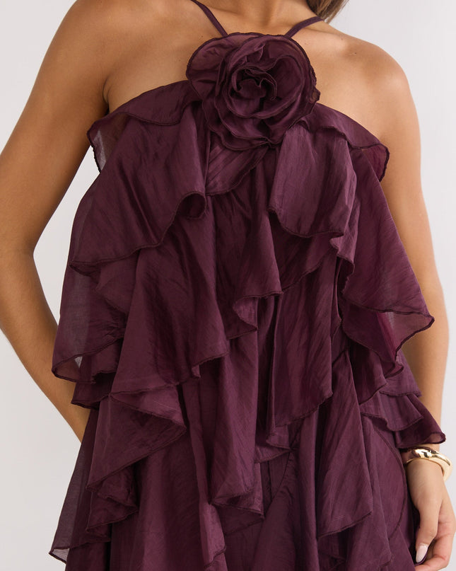 Maroon Layered Ruffle Maxi Dress