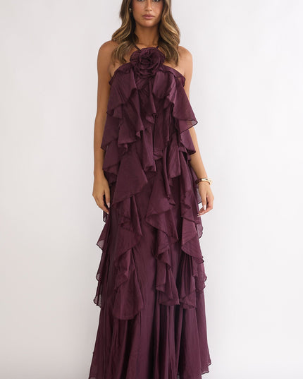 Maroon Layered Ruffle Maxi Dress
