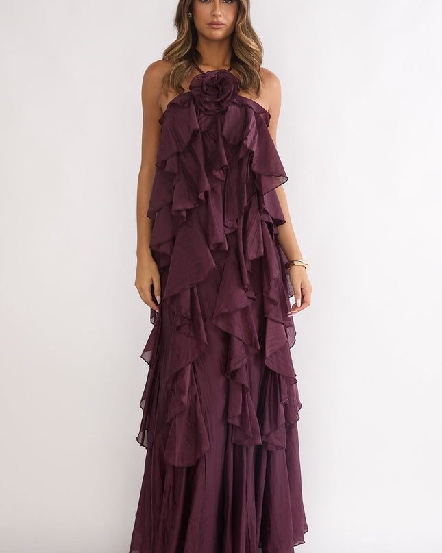 Maroon Layered Ruffle Maxi Dress