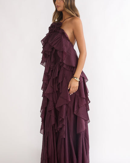 Maroon Layered Ruffle Maxi Dress