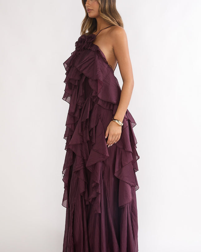 Maroon Layered Ruffle Maxi Dress