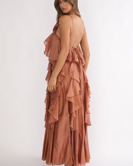 Rust Layered Ruffle Maxi Dress