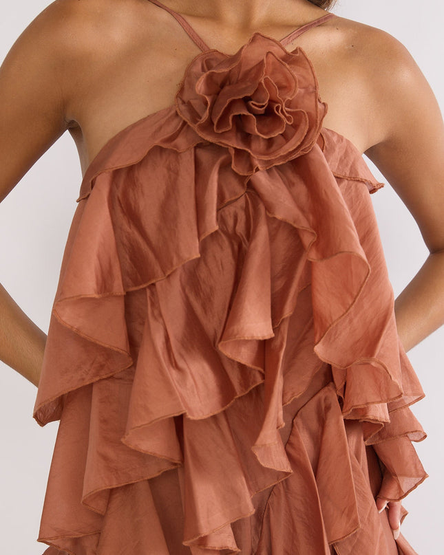 Rust Layered Ruffle Maxi Dress