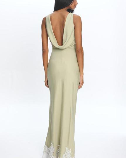 Matcha Cowl-Back Lace-Hem Gown