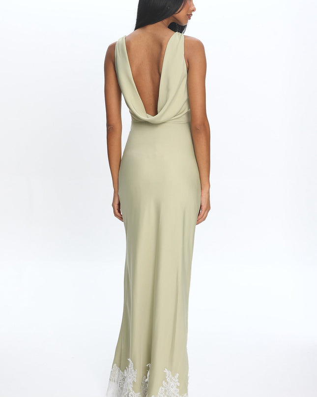 Matcha Cowl-Back Lace-Hem Gown