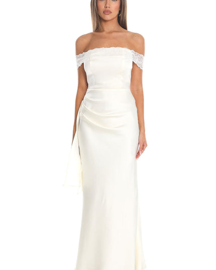 Cream Off-Shoulder Satin Gown