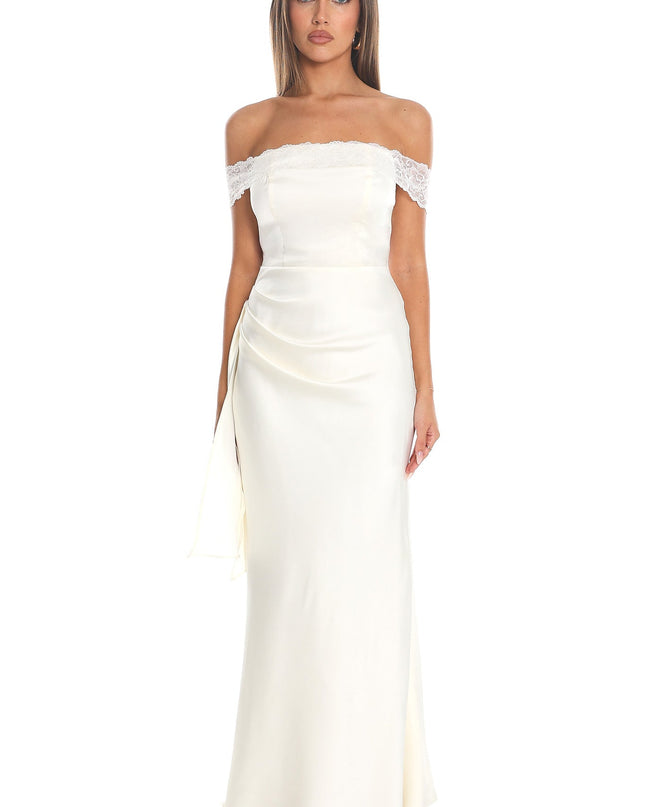 Cream Off-Shoulder Satin Gown