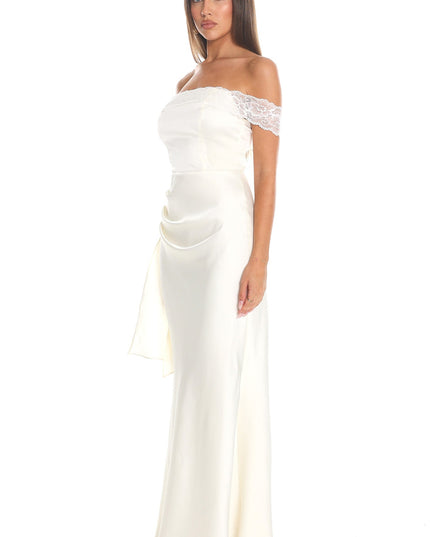 Cream Off-Shoulder Satin Gown