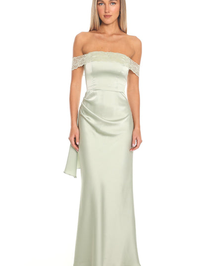 Sage Off-Shoulder Satin Gown