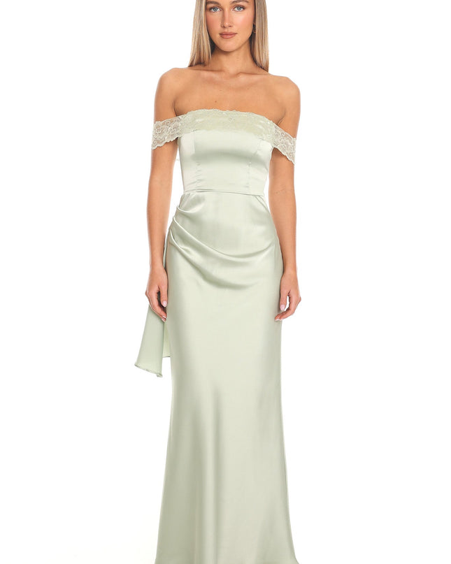 Sage Off-Shoulder Satin Gown