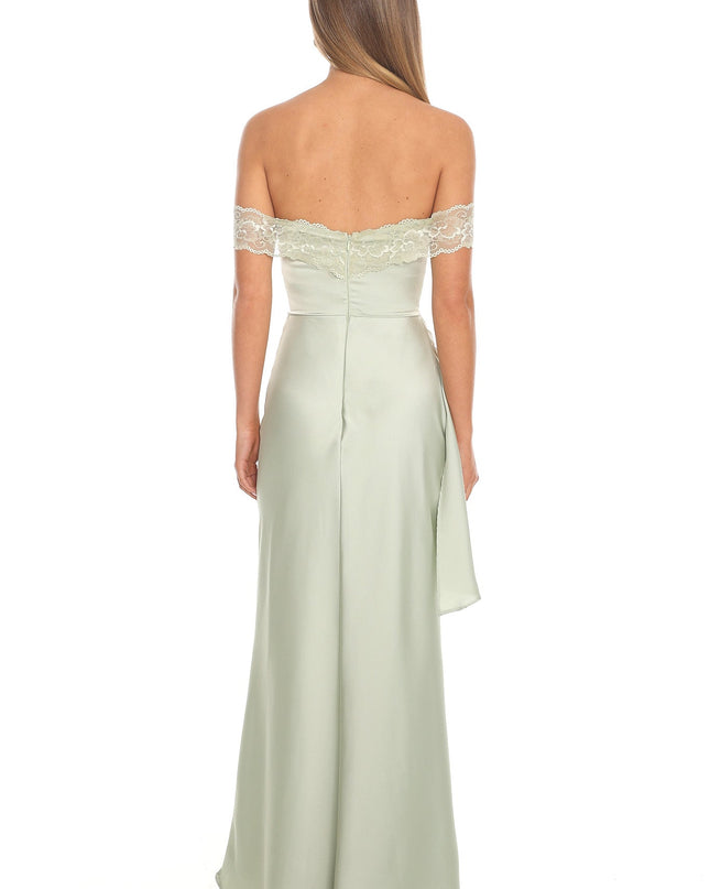 Sage Off-Shoulder Satin Gown