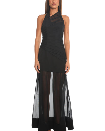 Black Midnight Confession Draped Mesh Maxi Dress