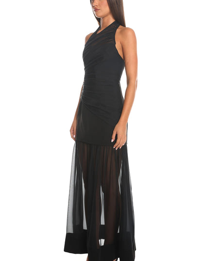 Black Midnight Confession Draped Mesh Maxi Dress
