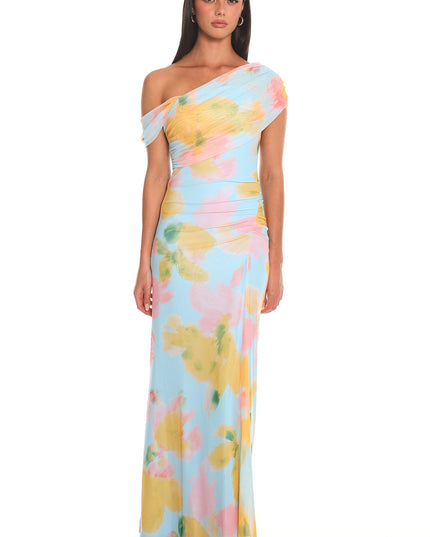 Blue Draped One Shoulder Maxi Dress