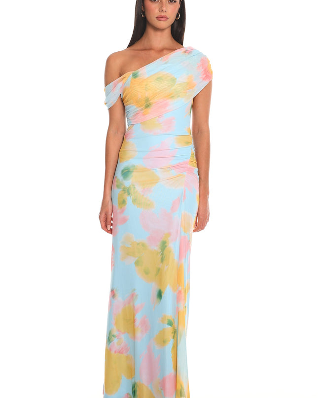 Blue Draped One Shoulder Maxi Dress