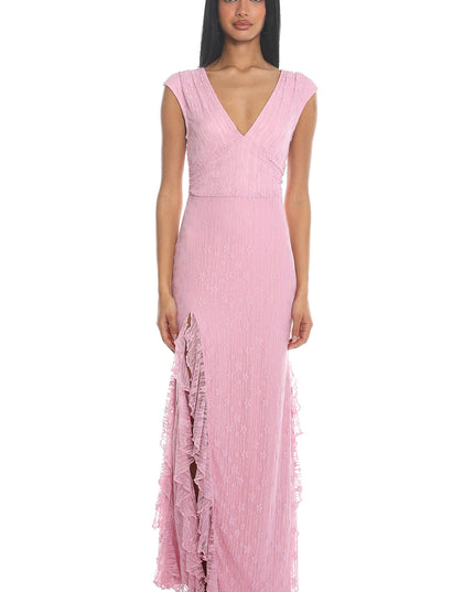Pink Lace Ruffle Slit Gown