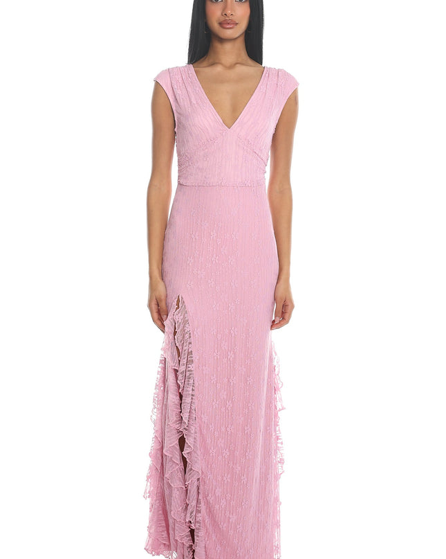 Pink Lace Ruffle Slit Gown