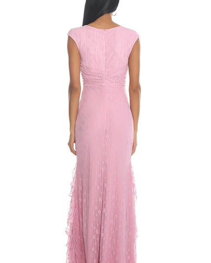 Pink Lace Ruffle Slit Gown