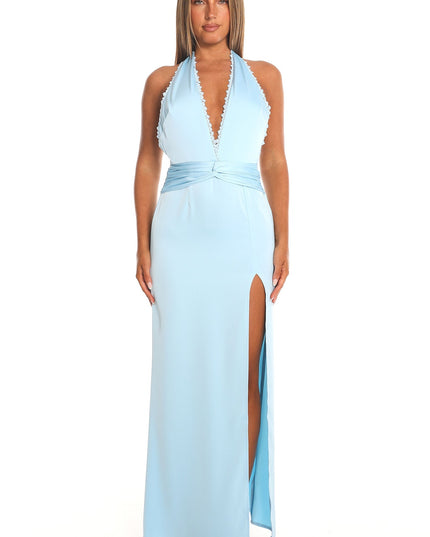 Baby Blue Sky Whisper Plunge Halter Maxi Dress