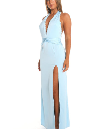 Baby Blue Sky Whisper Plunge Halter Maxi Dress