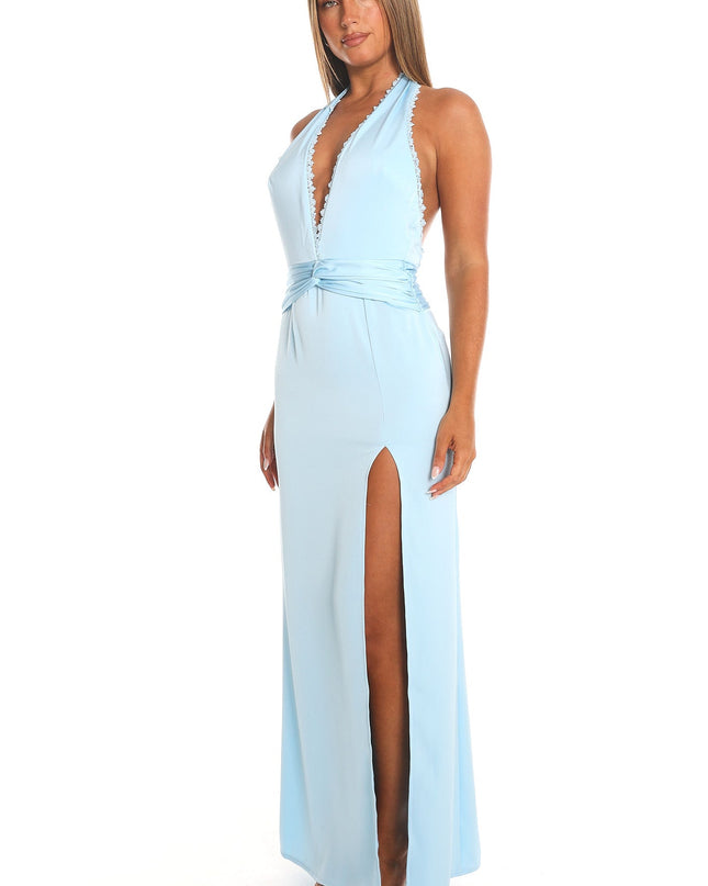 Baby Blue Sky Whisper Plunge Halter Maxi Dress