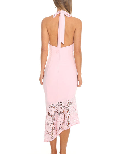Pink Lace-Hem Halter Midi Dress