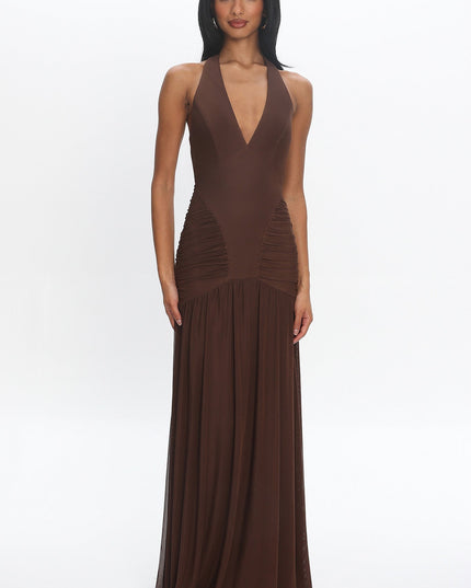 Cocoa Halter Mesh Maxi Dress