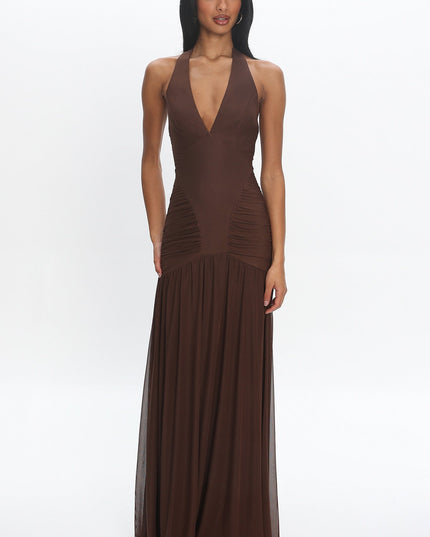 Cocoa Halter Mesh Maxi Dress