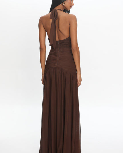 Cocoa Halter Mesh Maxi Dress