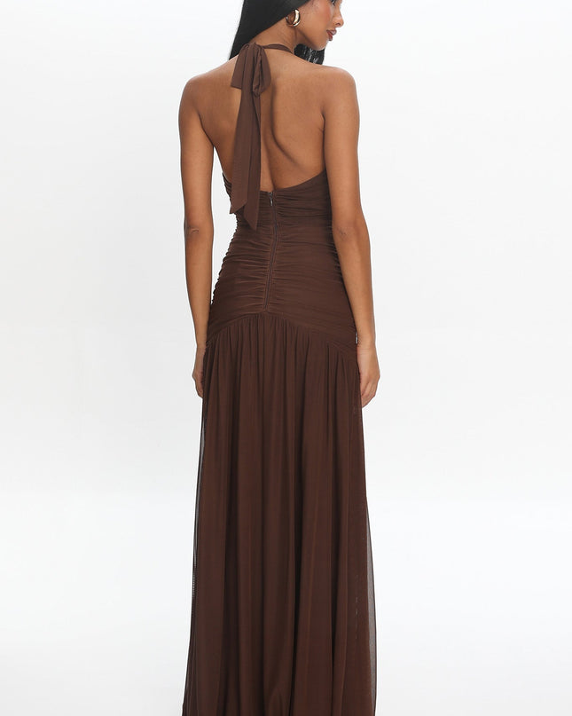 Cocoa Halter Mesh Maxi Dress