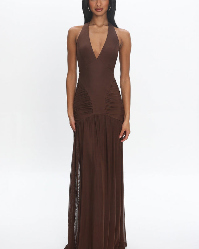 Cocoa Halter Mesh Maxi Dress